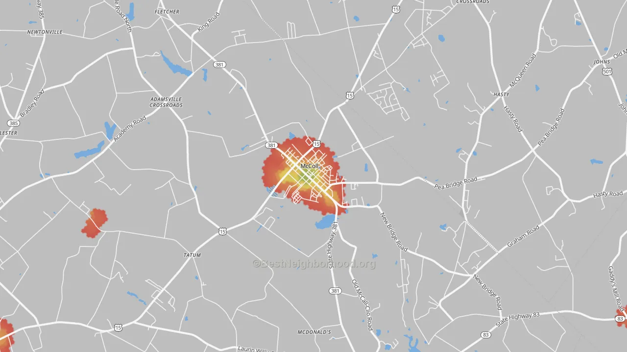 Walk Grade map of McColl, SC, walkable areas in green and car-dependent areas in red