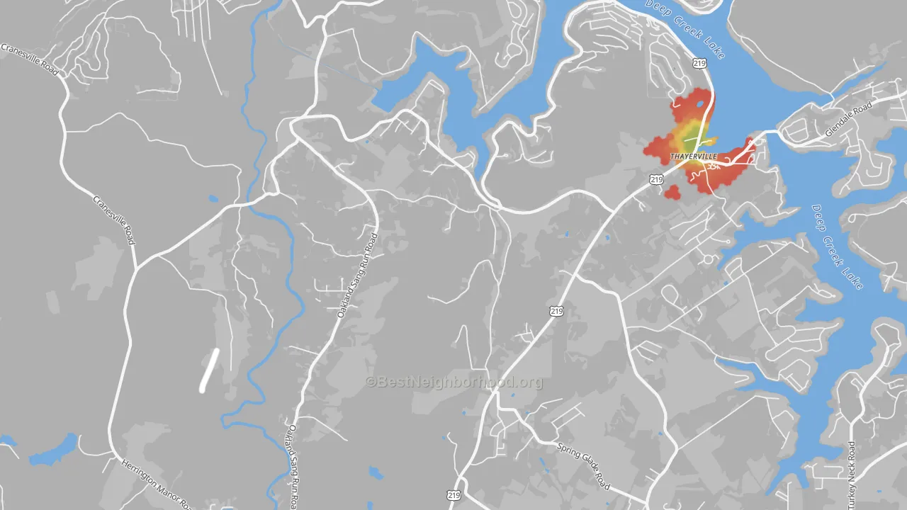 Walk Grade map of McComas Beach, MD, walkable areas in green and car-dependent areas in red