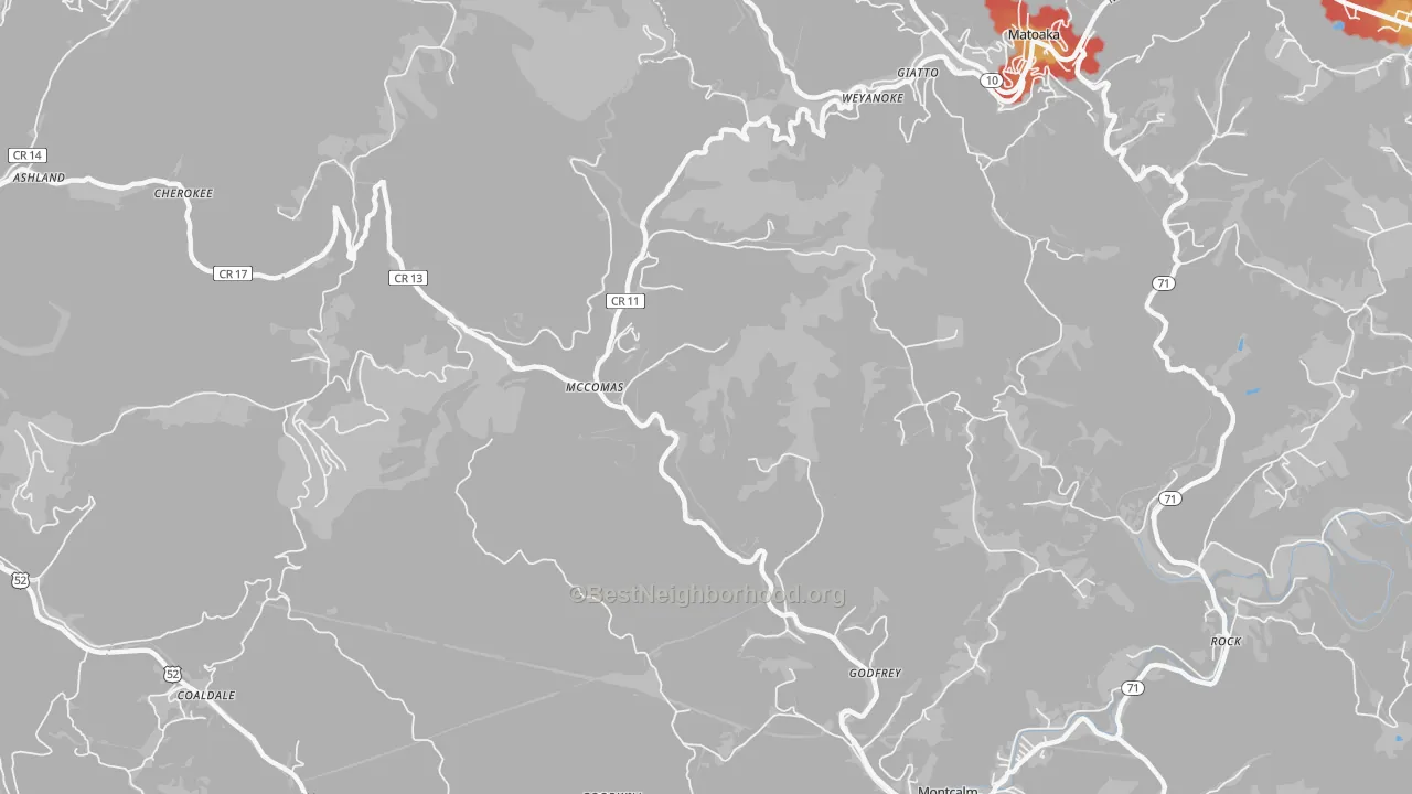 Walk Grade map of McComas, WV, walkable areas in green and car-dependent areas in red
