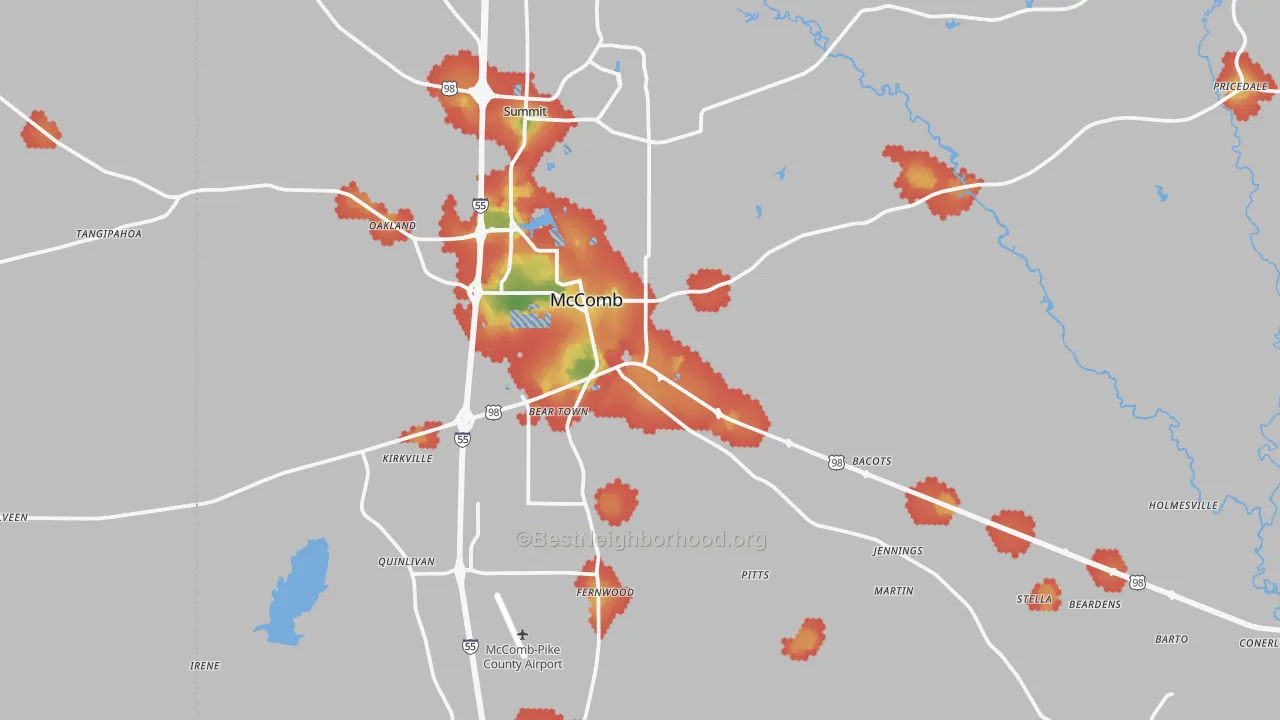 Walk Grade map of Mccomb, MS, walkable areas in green and car-dependent areas in red