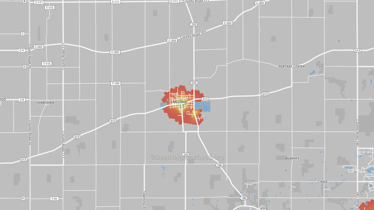 Walk Grade map of McComb, OH, walkable areas in green and car-dependent areas in red