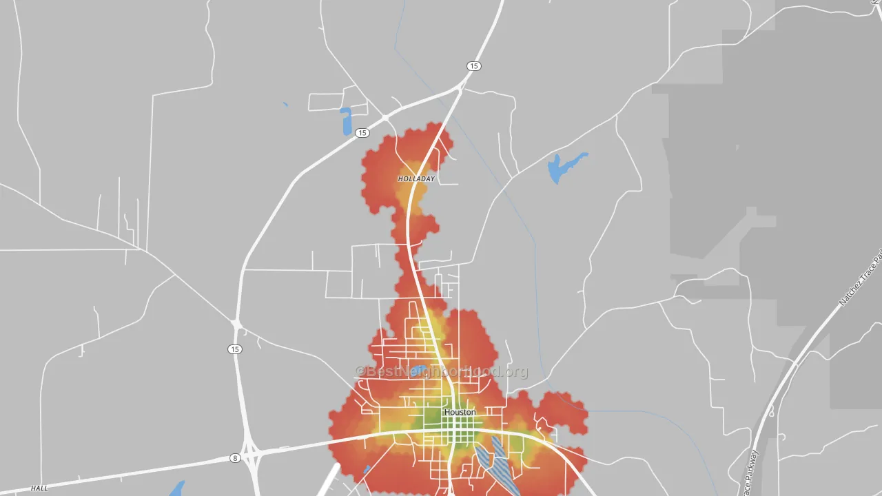 Walk Grade map of McCondy, MS, walkable areas in green and car-dependent areas in red