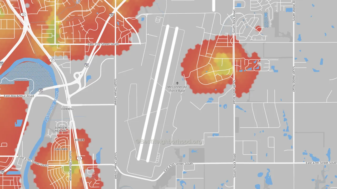 Walk Grade map of McConnell AFB, KS, walkable areas in green and car-dependent areas in red