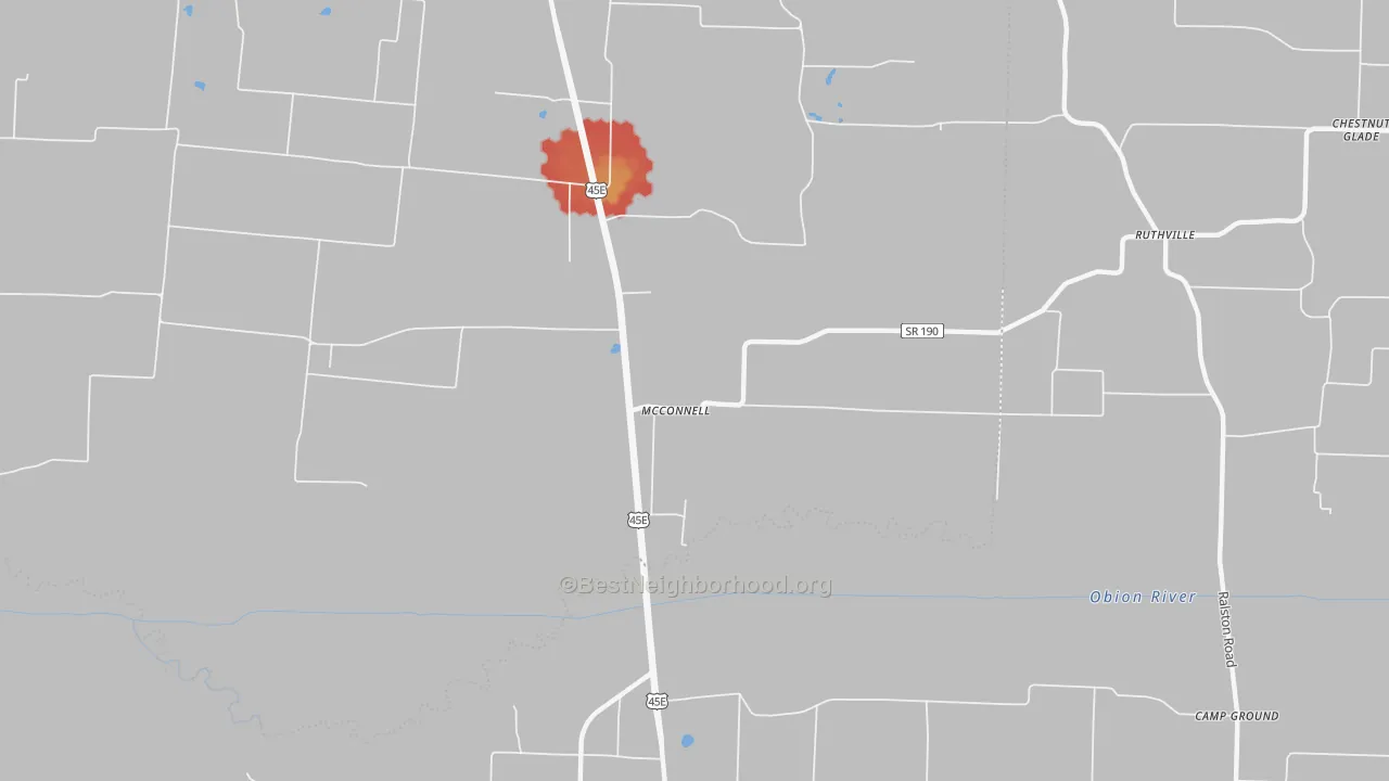 Walk Grade map of McConnell, TN, walkable areas in green and car-dependent areas in red