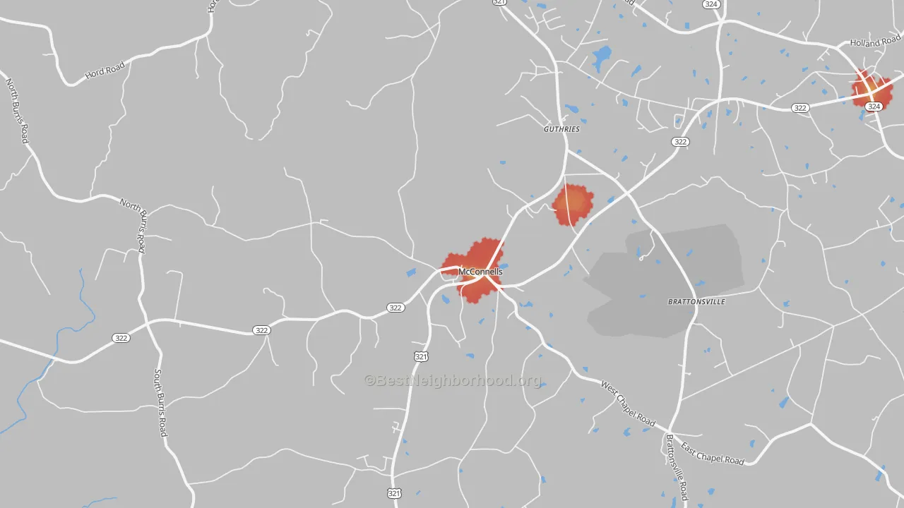 Walk Grade map of McConnells, SC, walkable areas in green and car-dependent areas in red
