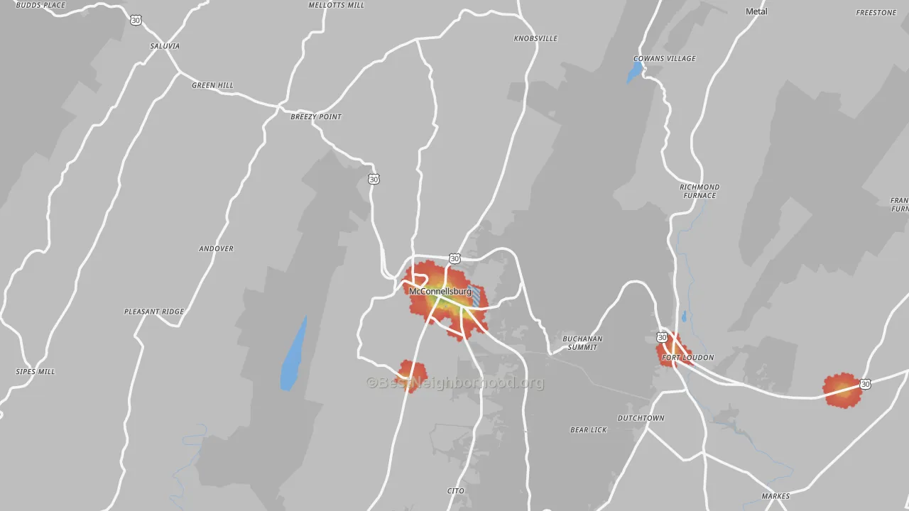Walk Grade map of McConnellsburg, PA, walkable areas in green and car-dependent areas in red