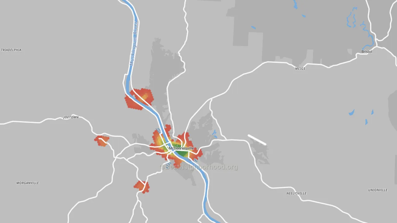Walk Grade map of McConnelsville, OH, walkable areas in green and car-dependent areas in red
