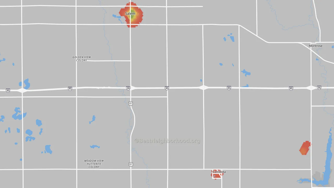 Walk Grade map of McCook County, SD, walkable areas in green and car-dependent areas in red