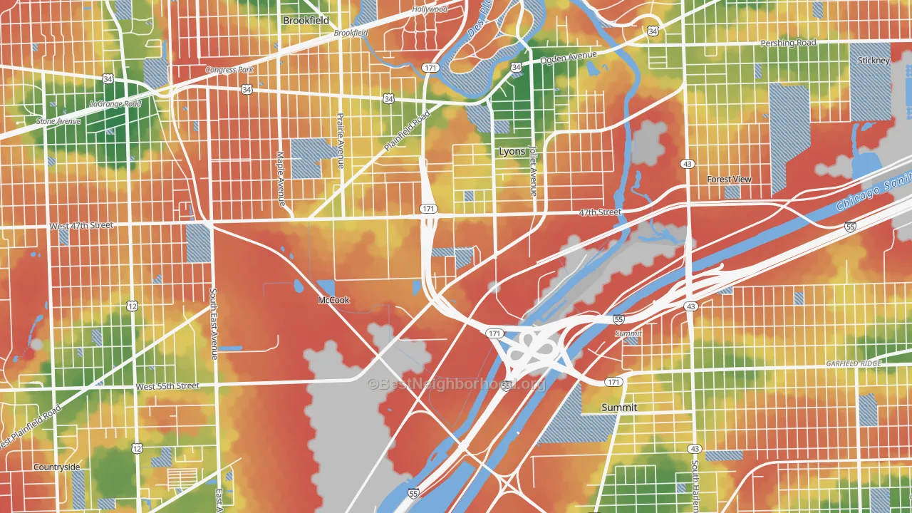 Walk Grade map of McCook, IL, walkable areas in green and car-dependent areas in red