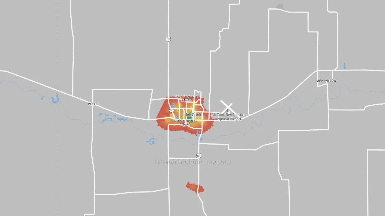 Walk Grade map of McCook, NE, walkable areas in green and car-dependent areas in red