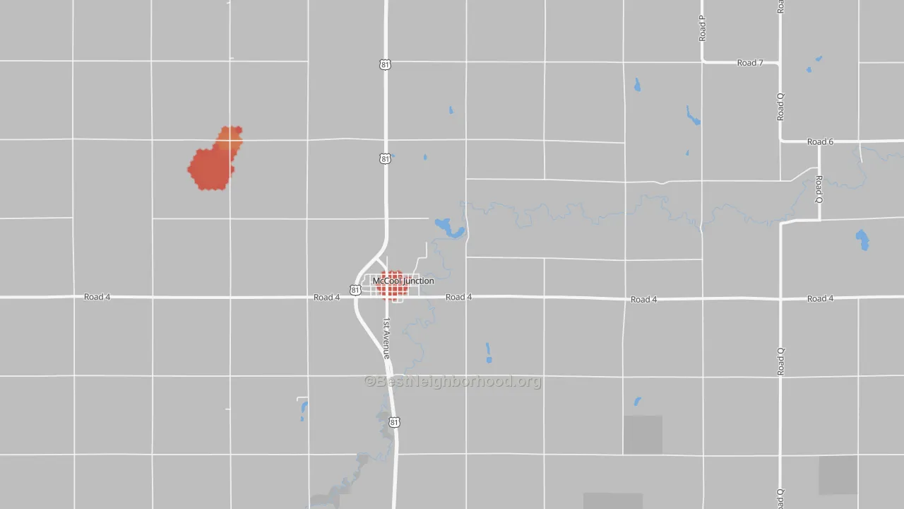 Walk Grade map of McCool Junction, NE, walkable areas in green and car-dependent areas in red