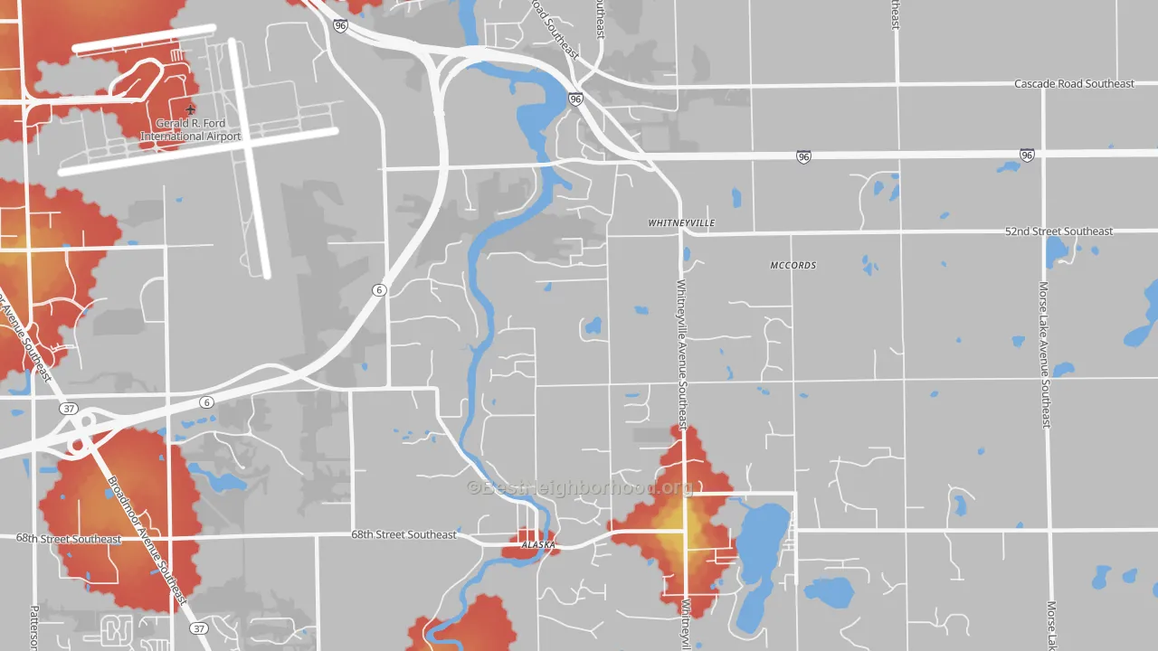 Walk Grade map of McCords, MI, walkable areas in green and car-dependent areas in red