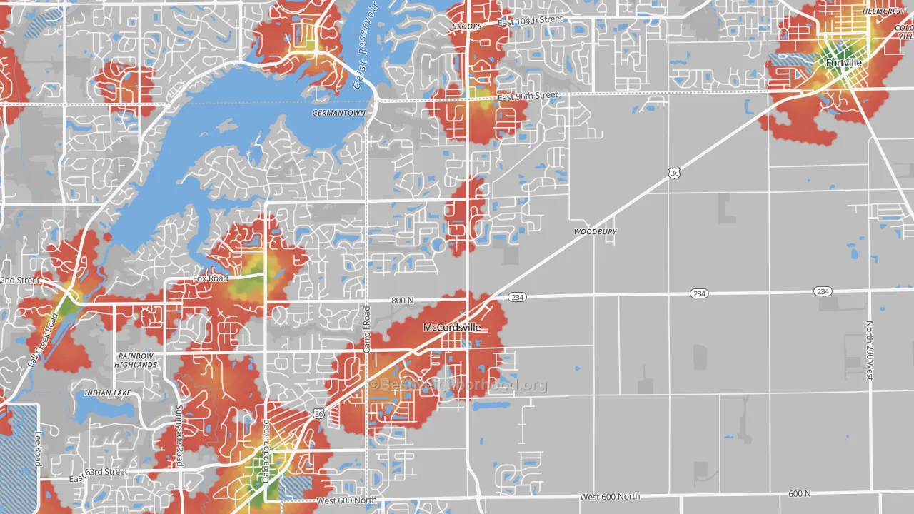 Walk Grade map of McCordsville, IN, walkable areas in green and car-dependent areas in red