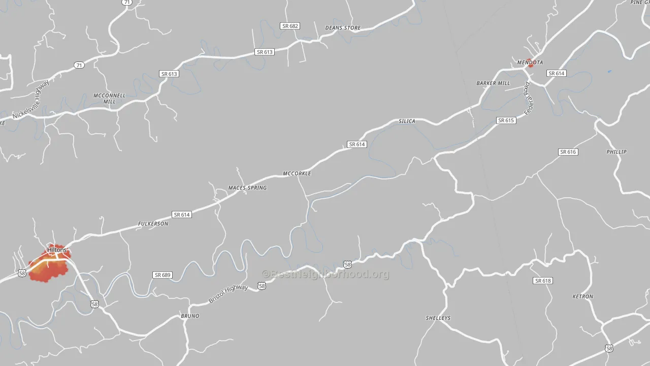 Walk Grade map of McCorkle, VA, walkable areas in green and car-dependent areas in red