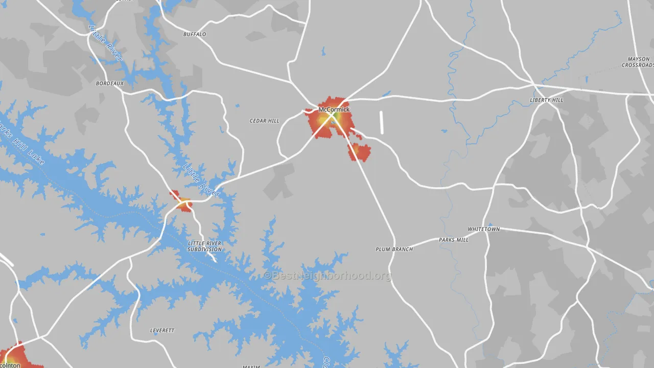 Walk Grade map of McCormick County, SC, walkable areas in green and car-dependent areas in red