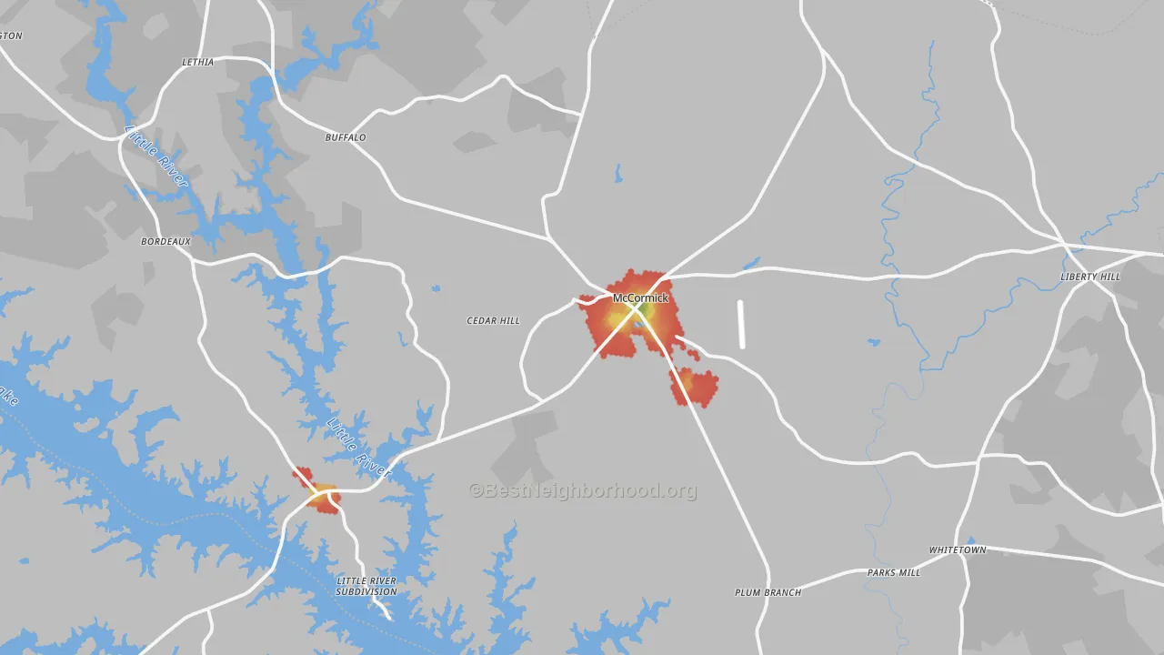 Walk Grade map of McCormick, SC, walkable areas in green and car-dependent areas in red