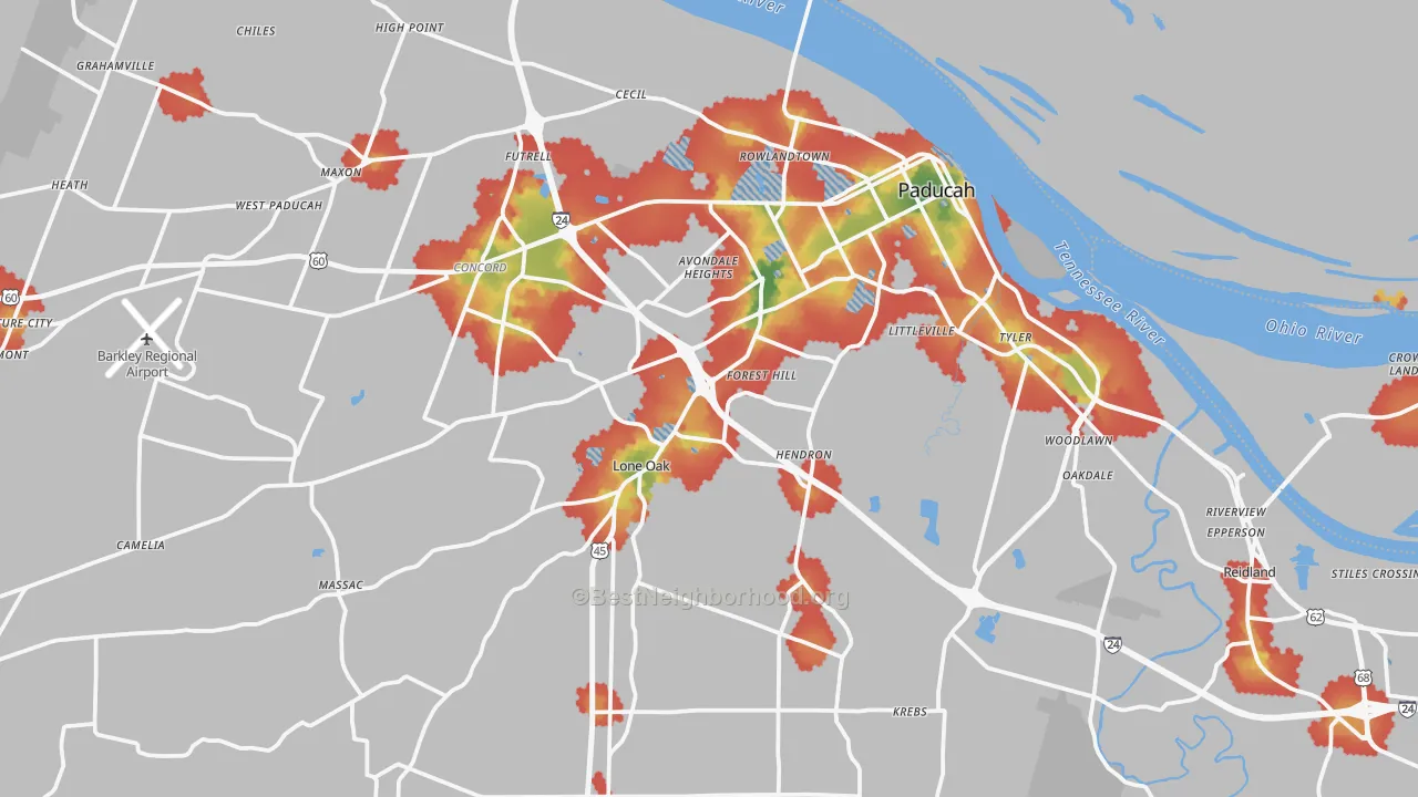 Walk Grade map of McCracken County, KY, walkable areas in green and car-dependent areas in red