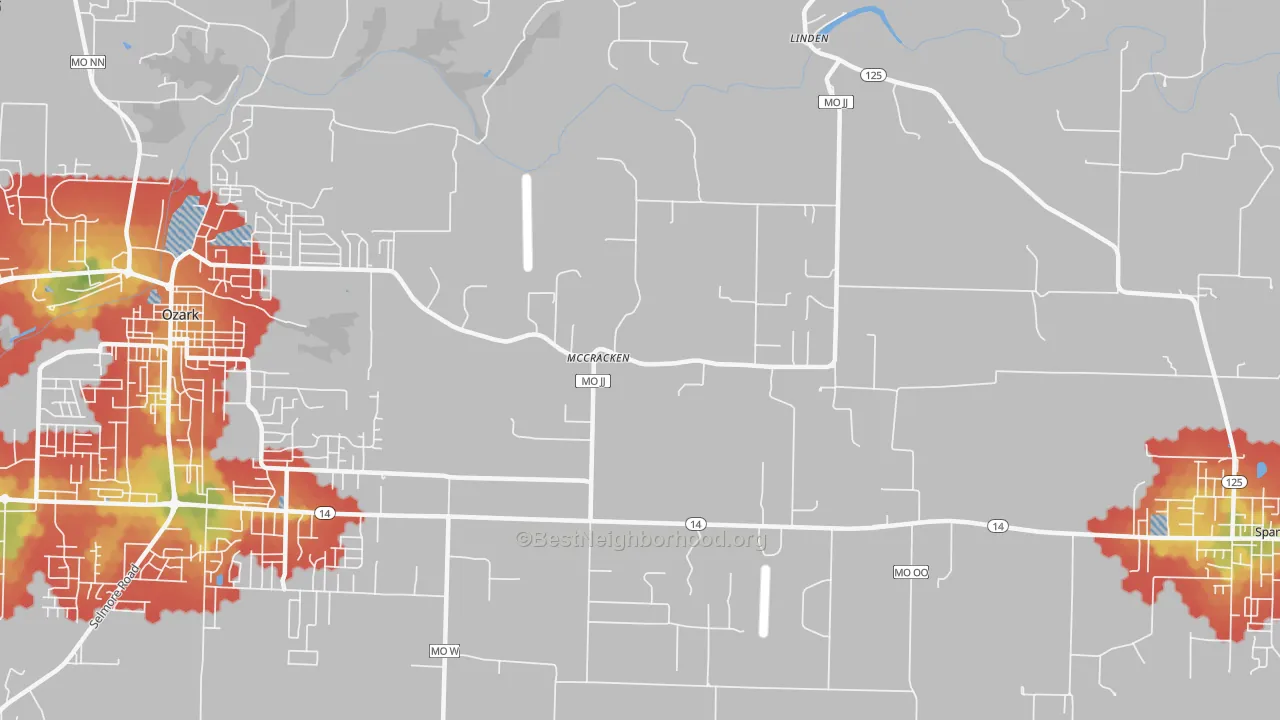 Walk Grade map of McCracken, MO, walkable areas in green and car-dependent areas in red