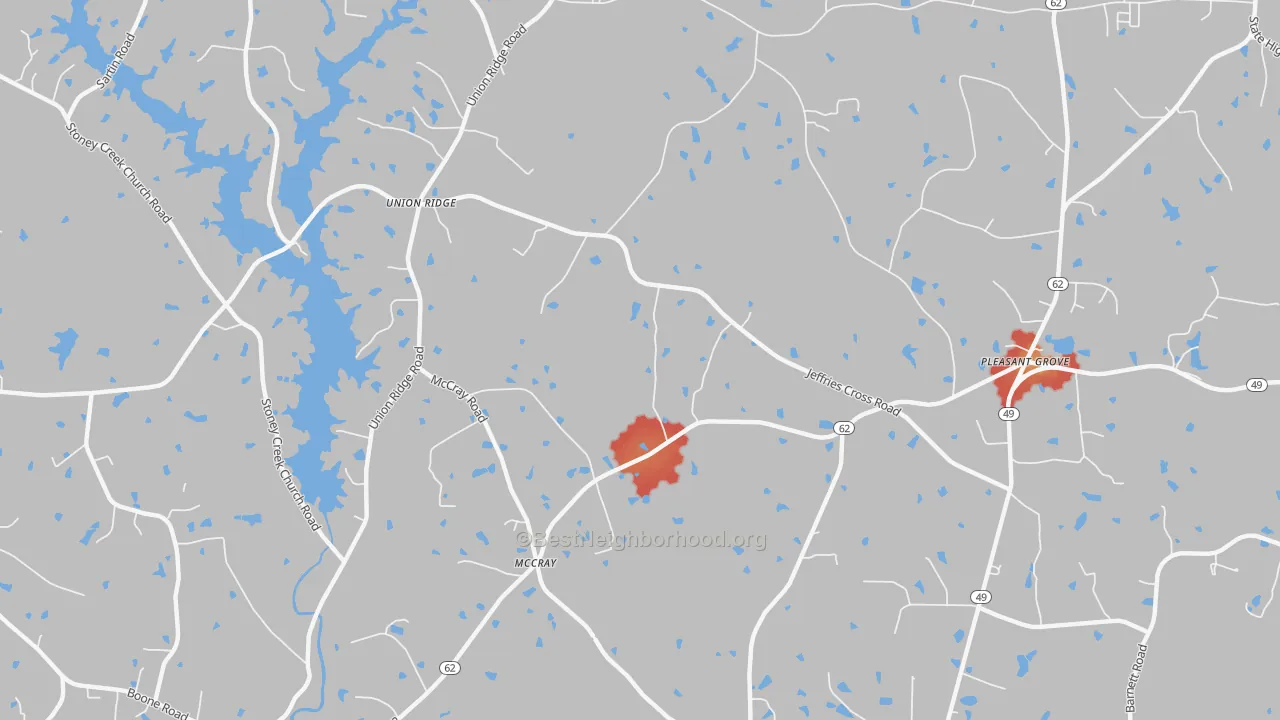 Walk Grade map of McCray, NC, walkable areas in green and car-dependent areas in red