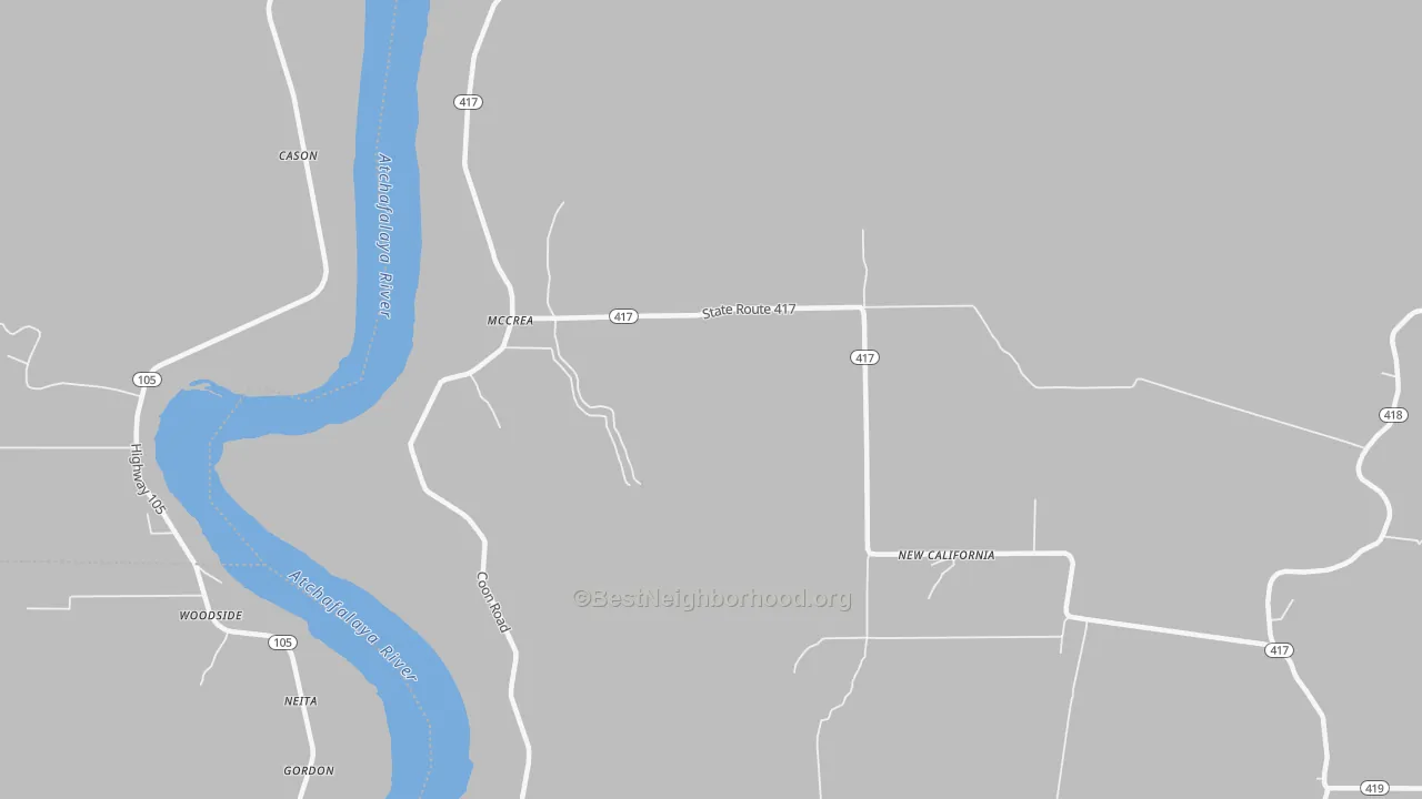 Walk Grade map of McCrea, LA, walkable areas in green and car-dependent areas in red