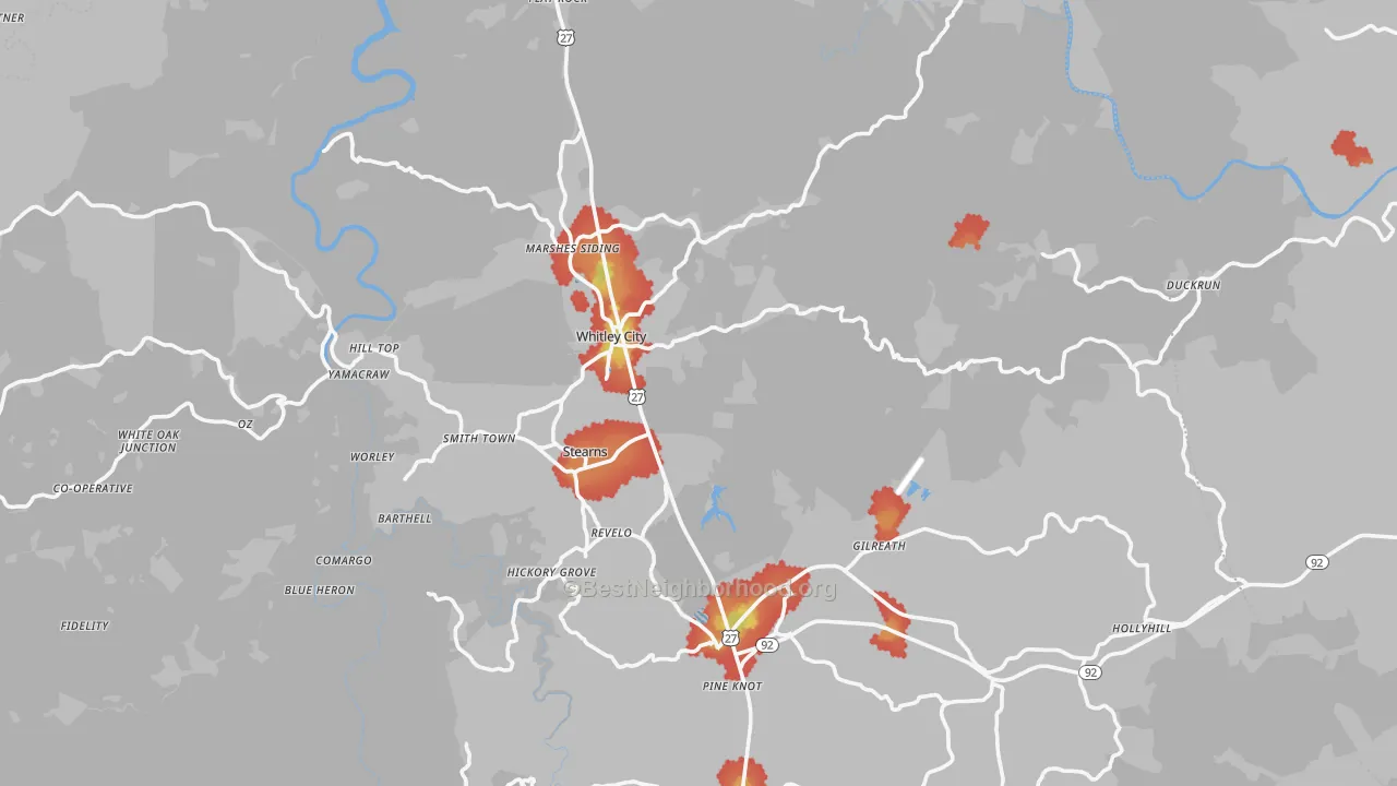 Walk Grade map of McCreary County, KY, walkable areas in green and car-dependent areas in red