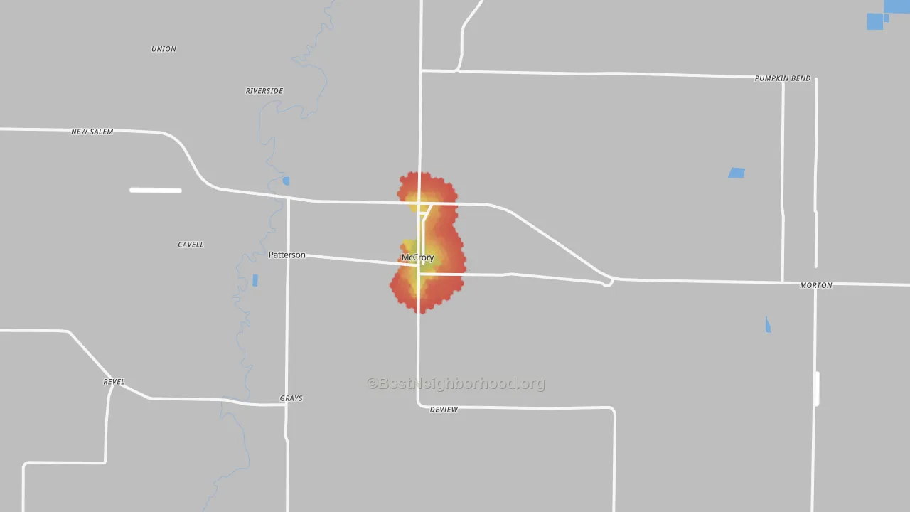 Walk Grade map of McCrory, AR, walkable areas in green and car-dependent areas in red