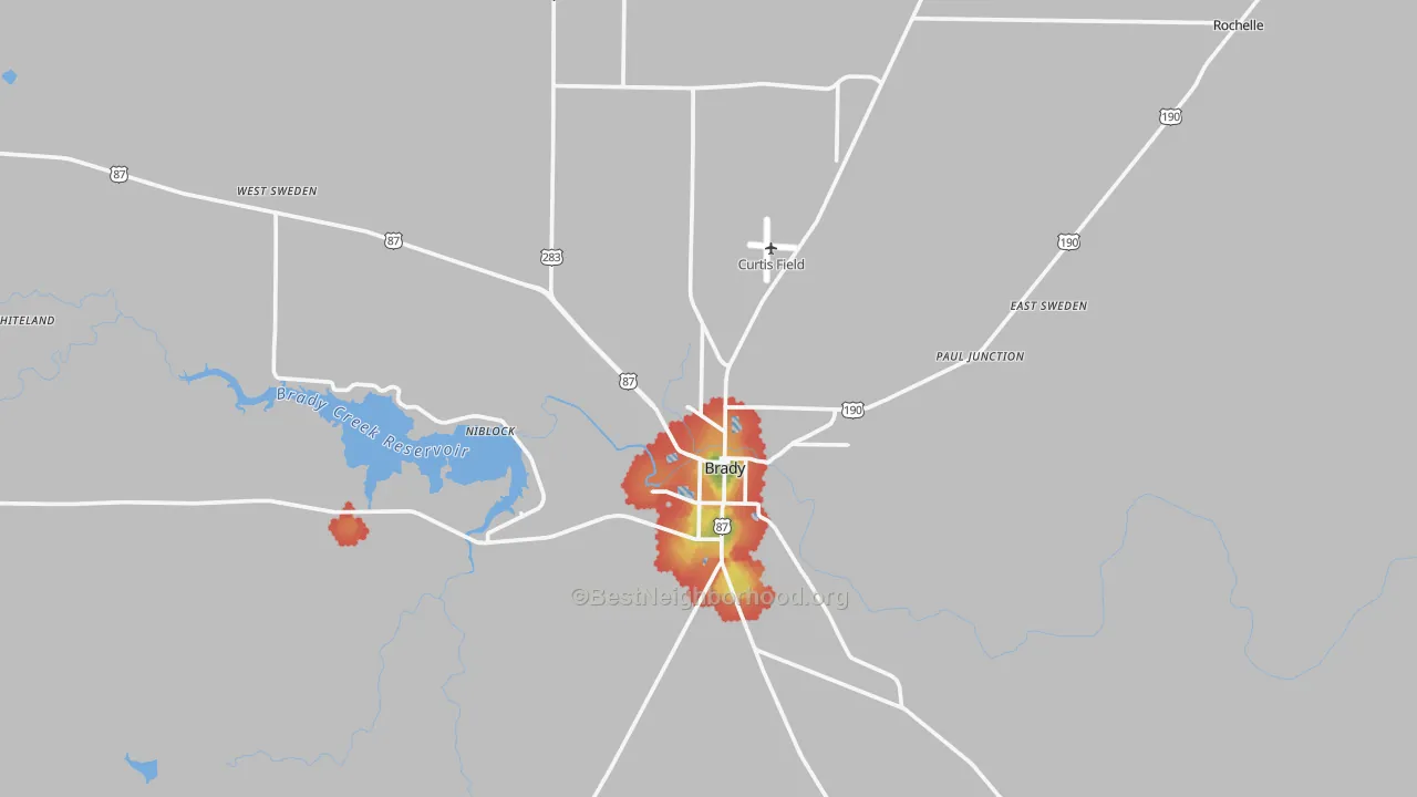 Walk Grade map of McCulloch County, TX, walkable areas in green and car-dependent areas in red