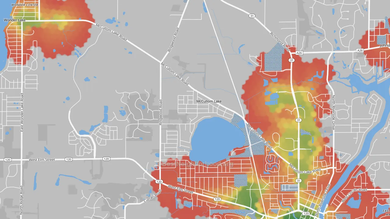 Walk Grade map of McCullom Lake, IL, walkable areas in green and car-dependent areas in red
