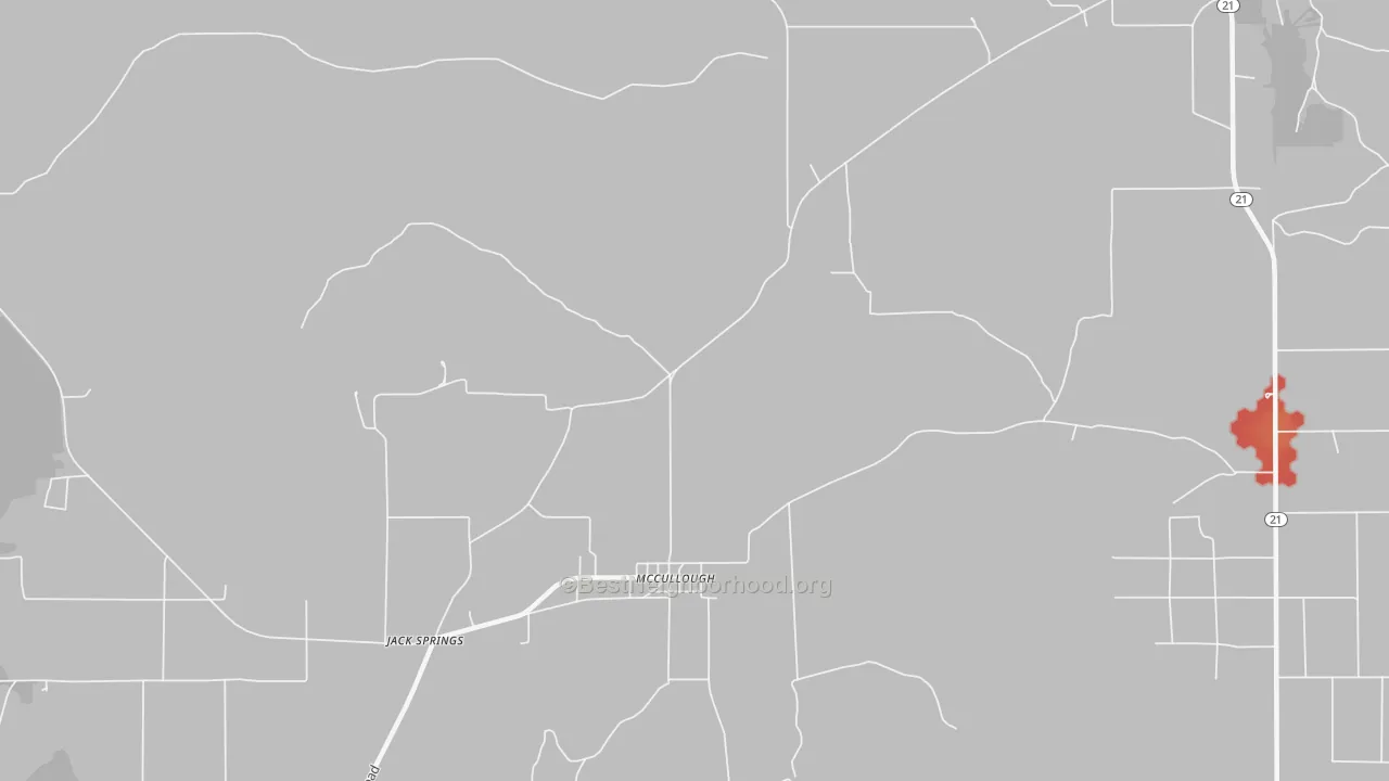 Walk Grade map of McCullough, AL, walkable areas in green and car-dependent areas in red