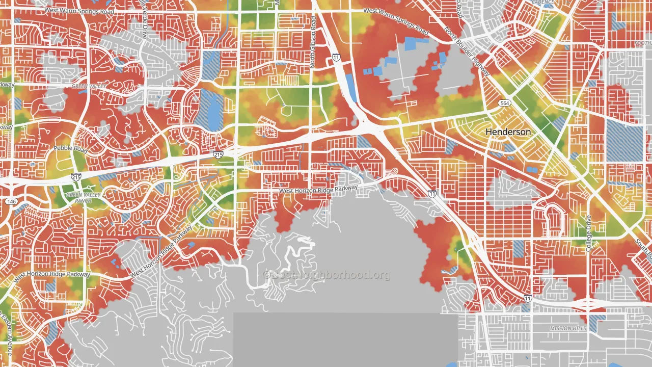 Walk Grade map of McCullough Hills, Henderson, NV, walkable areas in green and car-dependent areas in red