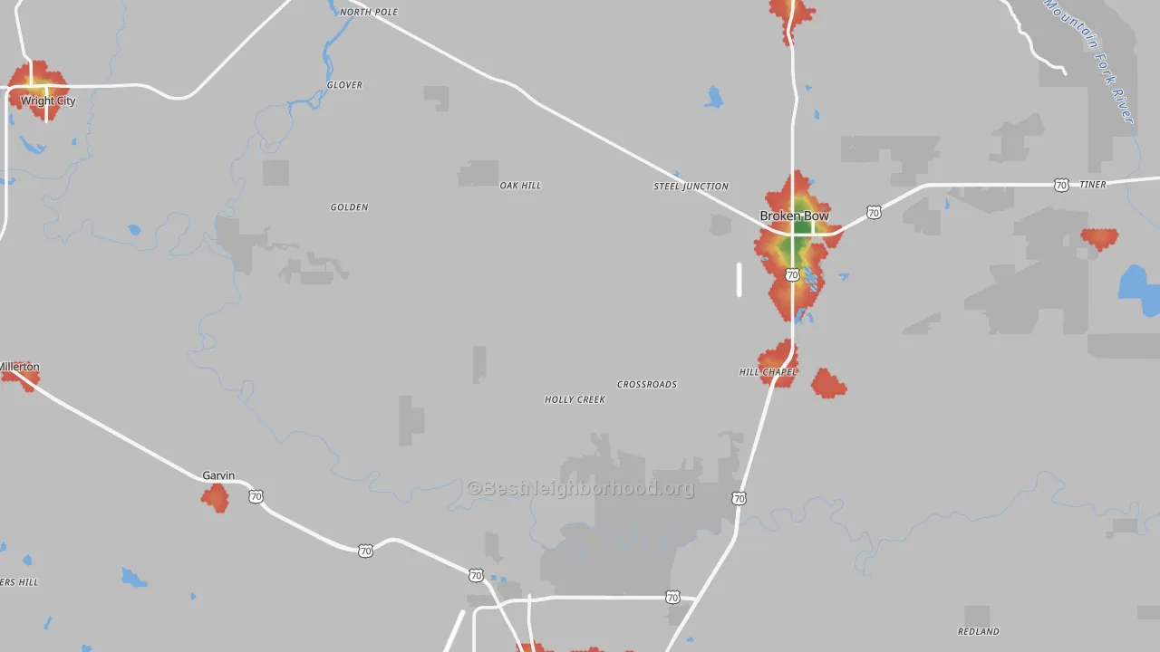 Walk Grade map of McCurtain County, OK, walkable areas in green and car-dependent areas in red
