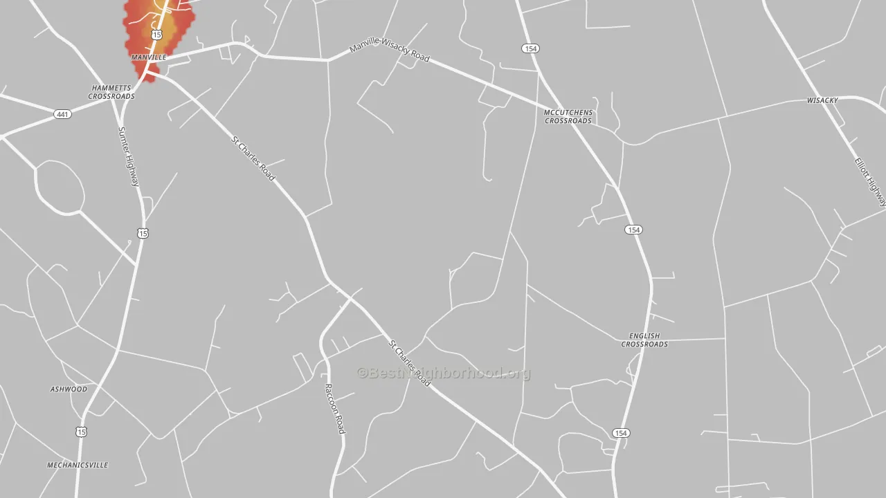 Walk Grade map of McCutchens Crossroads, SC, walkable areas in green and car-dependent areas in red