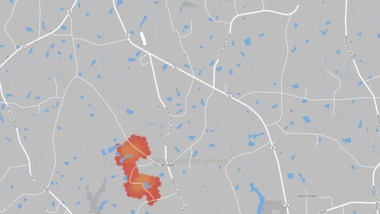 Walk Grade map of McDade, NC, walkable areas in green and car-dependent areas in red