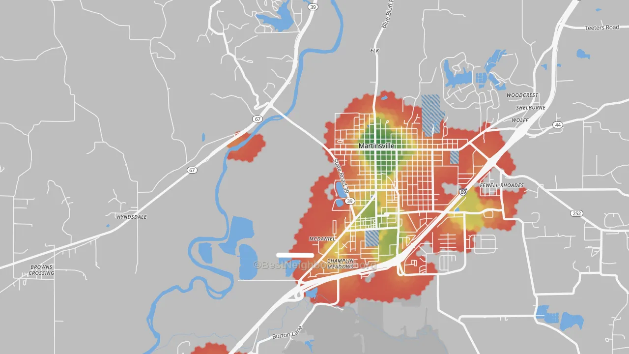 Walk Grade map of McDaniel, IN, walkable areas in green and car-dependent areas in red
