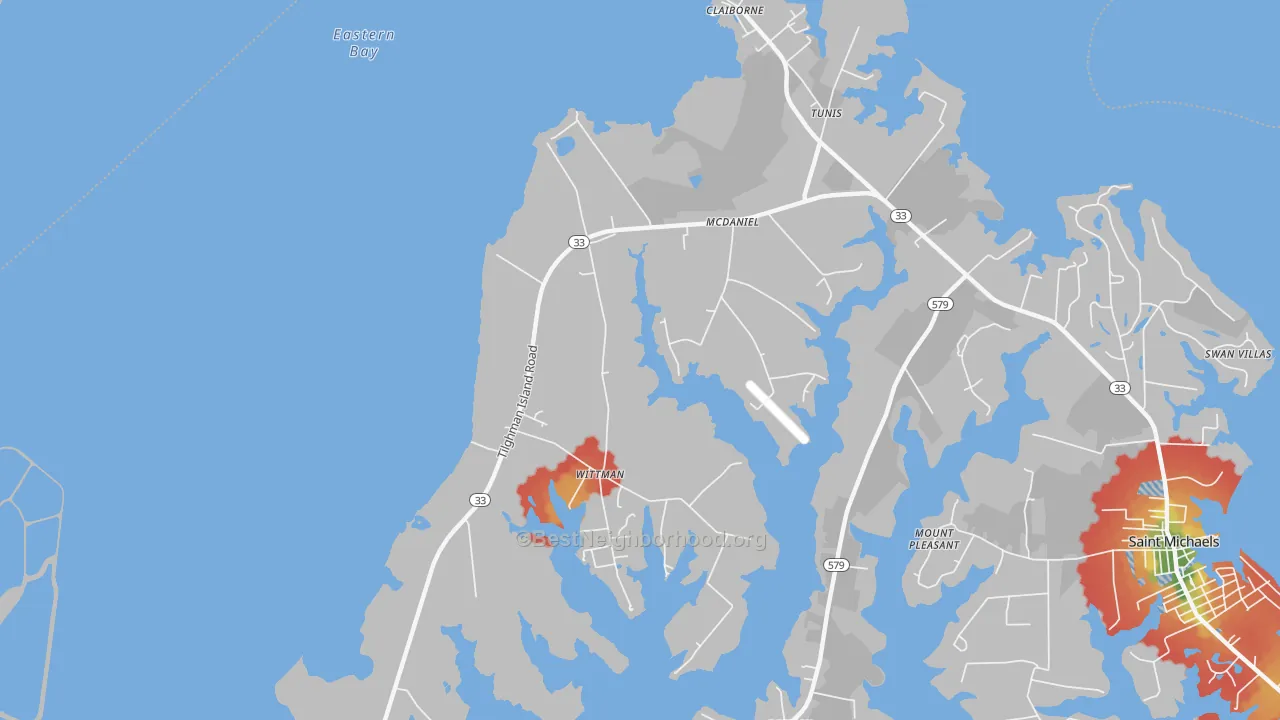 Walk Grade map of Mcdaniel, MD, walkable areas in green and car-dependent areas in red