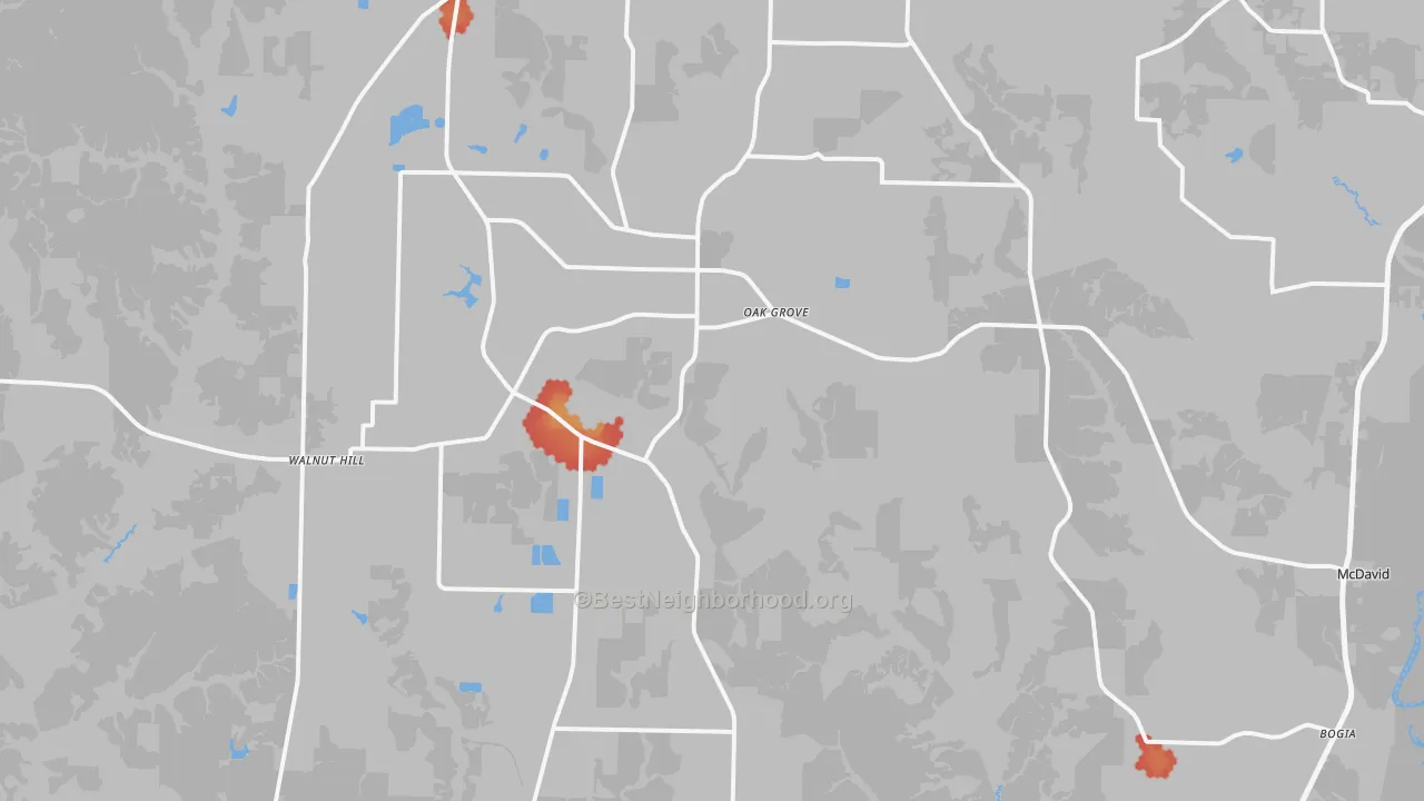 Walk Grade map of McDavid, FL, walkable areas in green and car-dependent areas in red
