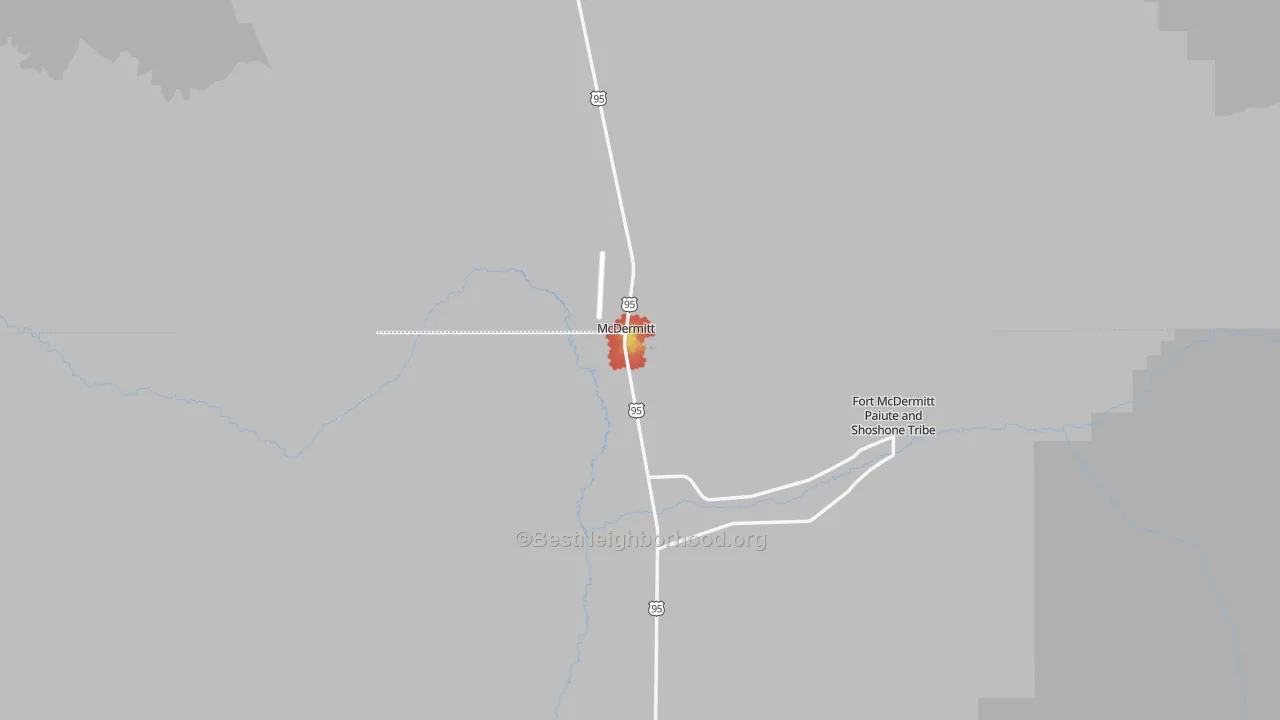 Walk Grade map of McDermitt, NV, walkable areas in green and car-dependent areas in red