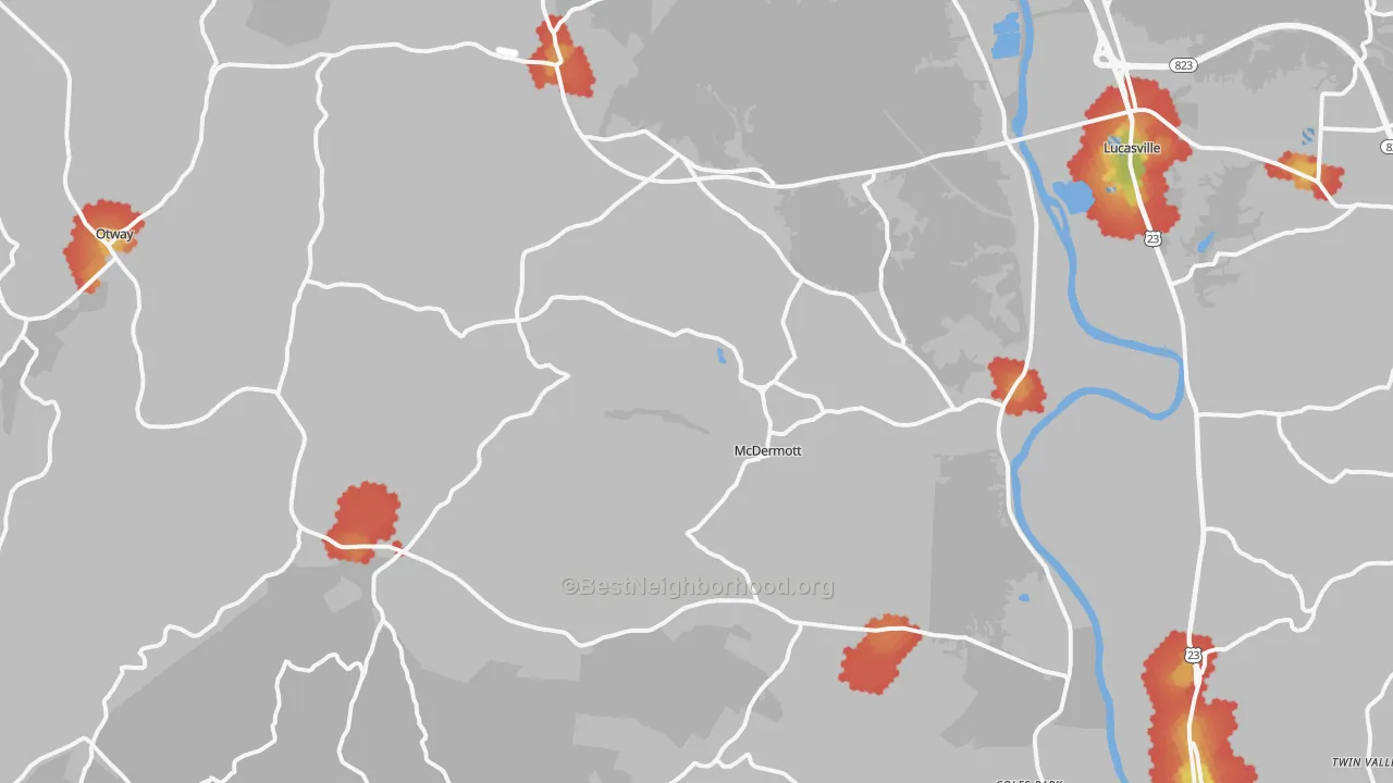 Walk Grade map of McDermott, OH, walkable areas in green and car-dependent areas in red