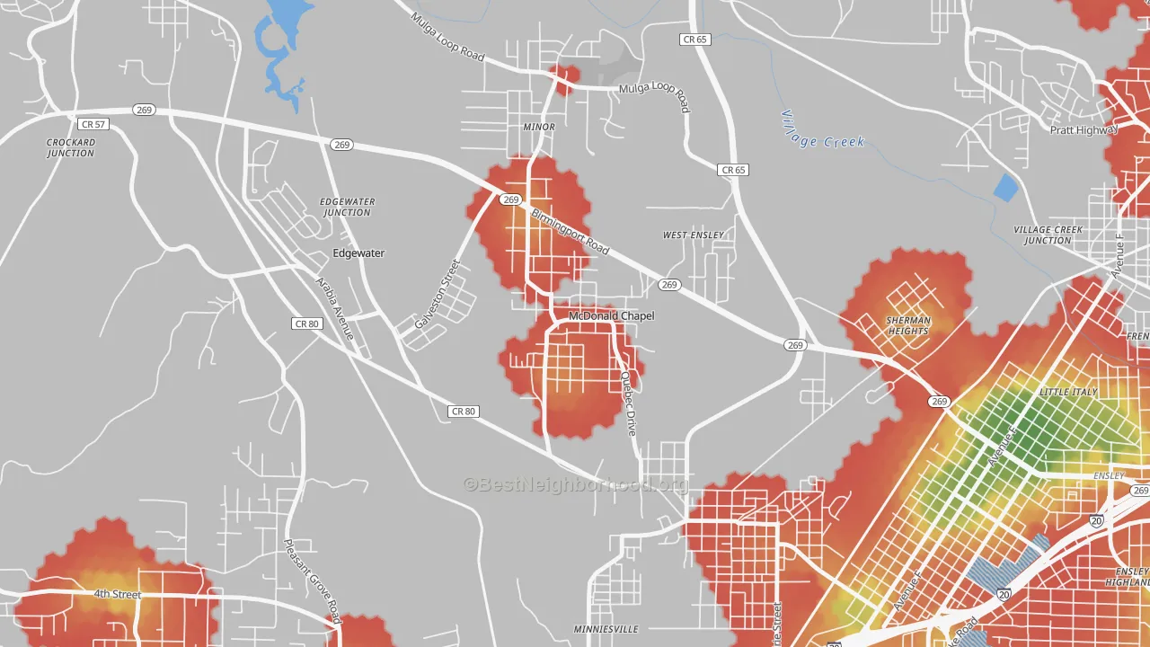Walk Grade map of McDonald Chapel, AL, walkable areas in green and car-dependent areas in red