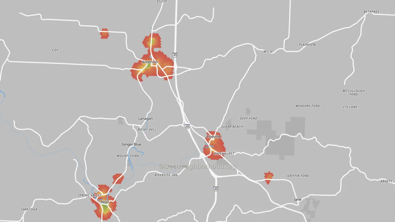Walk Grade map of McDonald County, MO, walkable areas in green and car-dependent areas in red