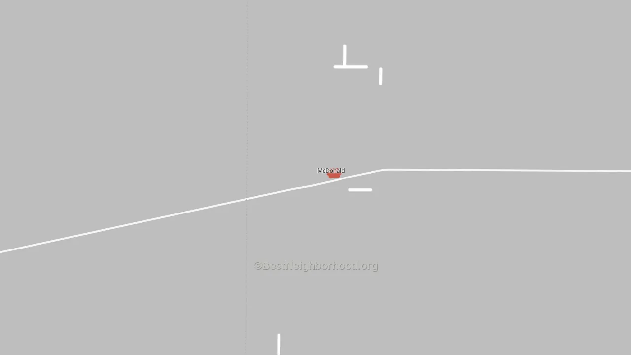 Walk Grade map of McDonald, KS, walkable areas in green and car-dependent areas in red