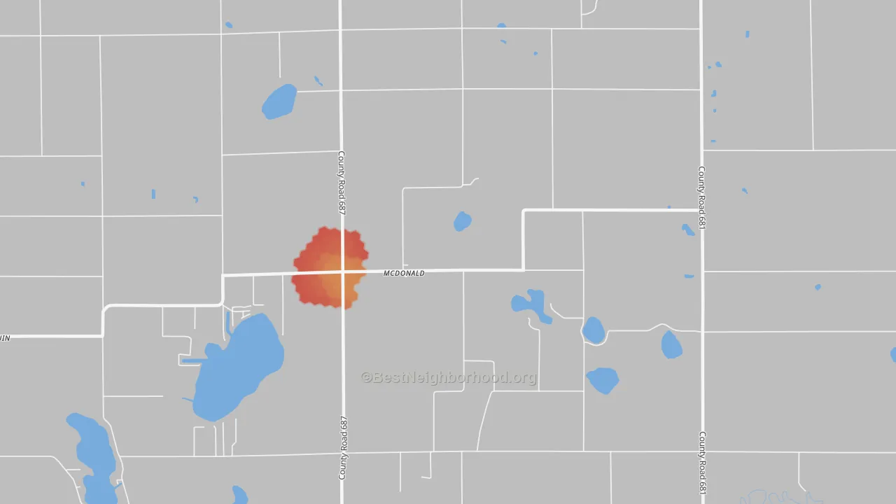 Walk Grade map of McDonald, MI, walkable areas in green and car-dependent areas in red