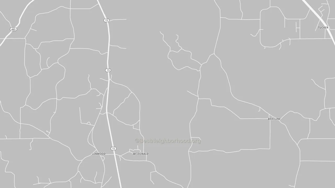 Walk Grade map of McDonald, MS, walkable areas in green and car-dependent areas in red
