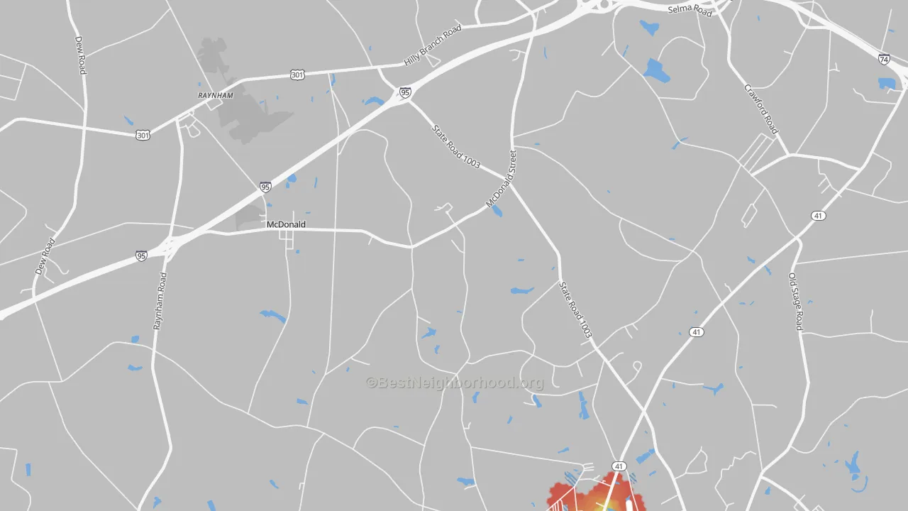 Walk Grade map of McDonald, NC, walkable areas in green and car-dependent areas in red