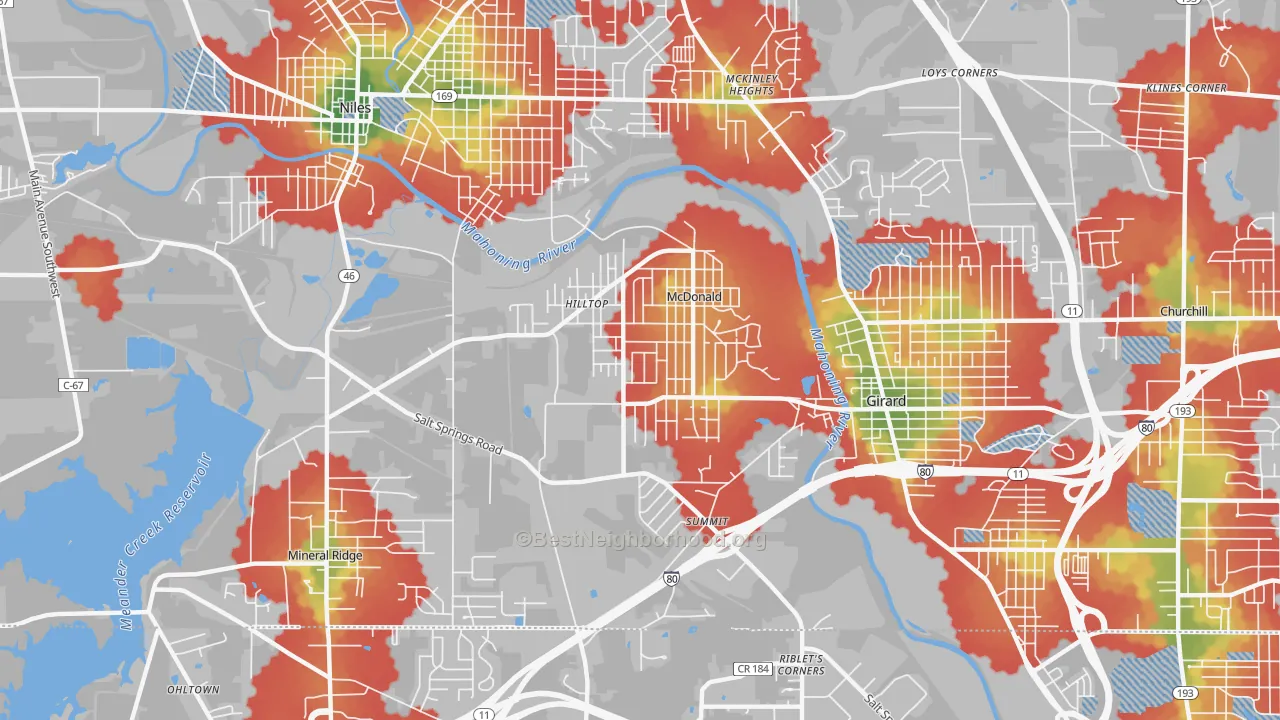 Walk Grade map of McDonald, OH, walkable areas in green and car-dependent areas in red