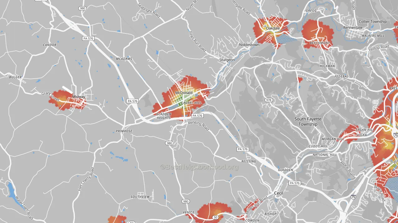 Walk Grade map of Mcdonald, PA, walkable areas in green and car-dependent areas in red
