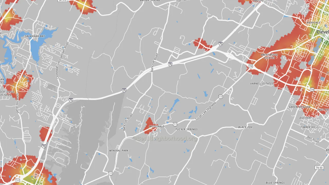Walk Grade map of McDonald, TN, walkable areas in green and car-dependent areas in red