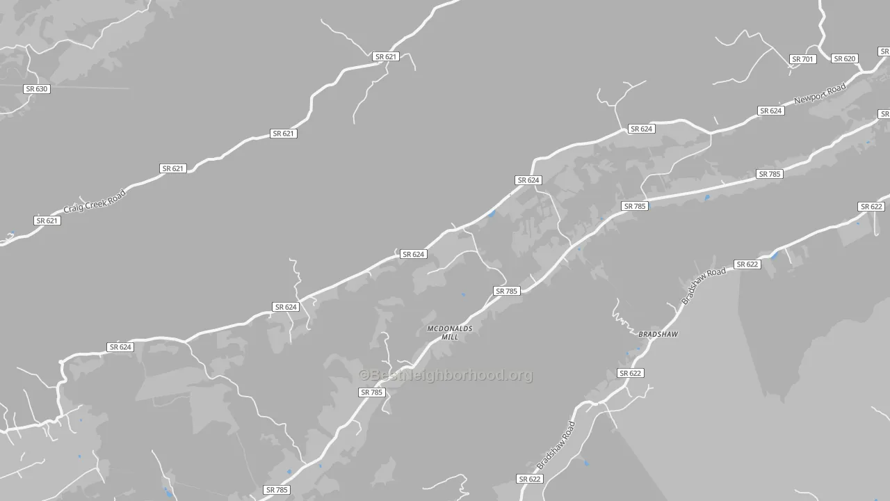 Walk Grade map of McDonalds Mill, VA, walkable areas in green and car-dependent areas in red