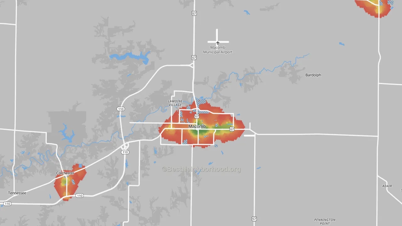 Walk Grade map of McDonough County, IL, walkable areas in green and car-dependent areas in red