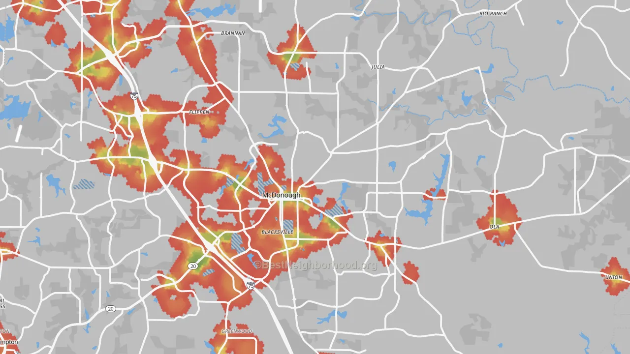 Walk Grade map of McDonough, GA, walkable areas in green and car-dependent areas in red